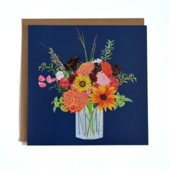 A square card featuring a digital illustration of a bouquet of mixed cutting flowers in a jar, set on a navy background.