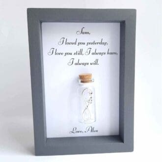 Personalised grey frame with an infinity glass bottle