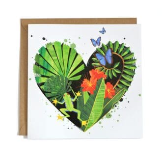 A square card featuring a digital illustration of rainforest vegetation and wildlife arranged in the shape of a heart.