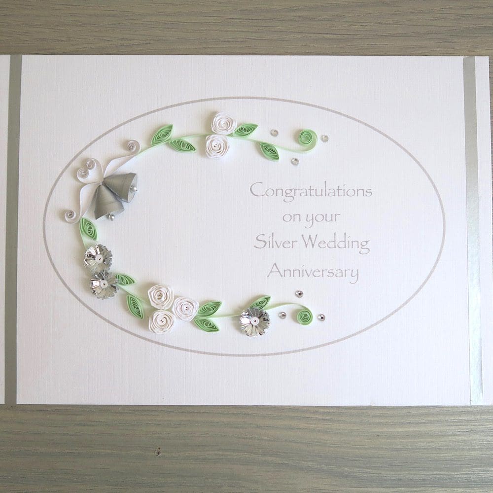 Handmade silver 25th wedding anniversary congratulations card, quilled