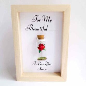 small wood frame with a red rose inside a glass bottle, personalised gift for wife