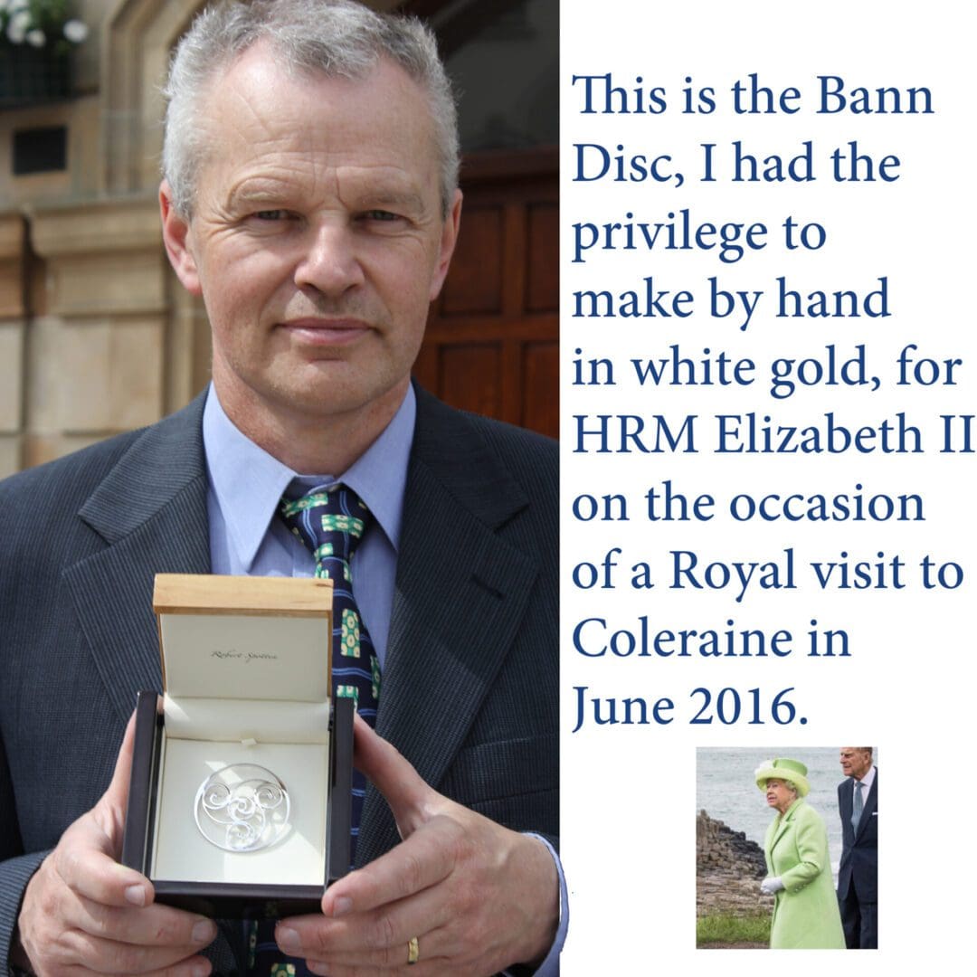 Robert with presentation box and a version of the Bann Brooch in white gold, presented to the late Queen Elizabeth II.
