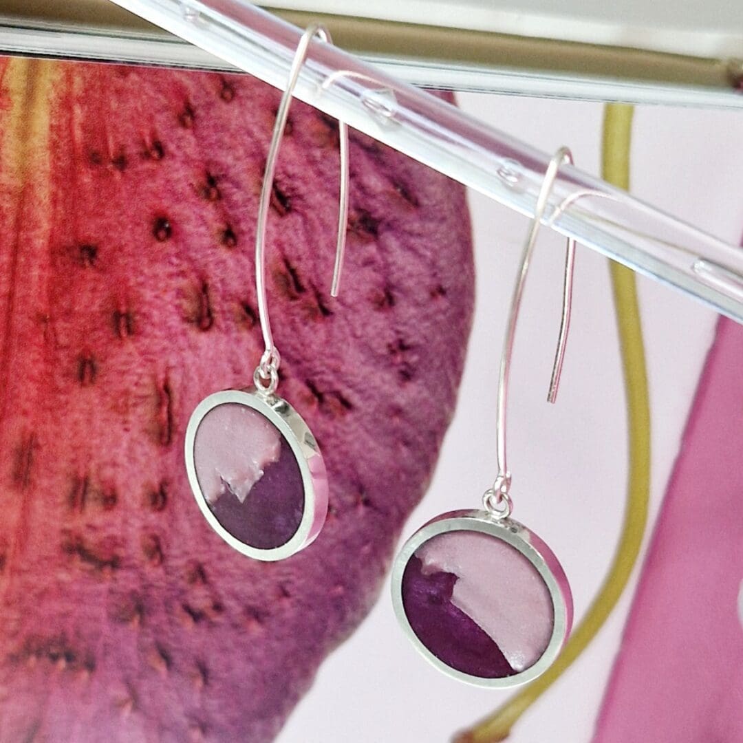 Sterling silver Resin Clay Rose Violet Pink Drop Earrings