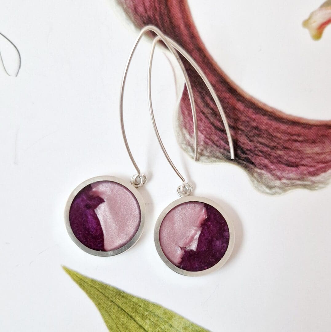 Sterling silver Resin Clay Rose Violet Pink Drop Earrings