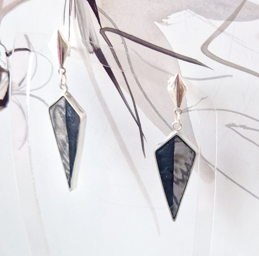 Sterling Silver, Resin and Polymer Clay Kite Shaped Drop Earrings, in Charcoal and Neutral Tones by VJD Design. Kite shaped frames are inlayed with resin and polymer Clay