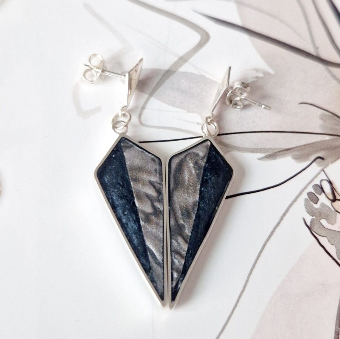 Sterling Silver, Resin and Polymer Clay Kite Shaped Drop Earrings, in Charcoal and Neutral Tones by VJD Design. Kite shaped frames are inlayed with resin and polymer Clay