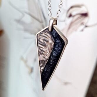Sterling Silver Kite Shaped Pendant Inlayed with Charcoal Resin and Neutral Tones Mokume Gane Effect Polymer Clay by VJD Design