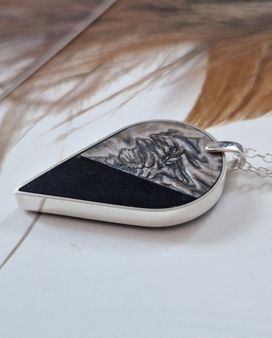 Sterling Silver Resin and Polymer Clay Inverted Teardrop Mokume Gane Pendant
