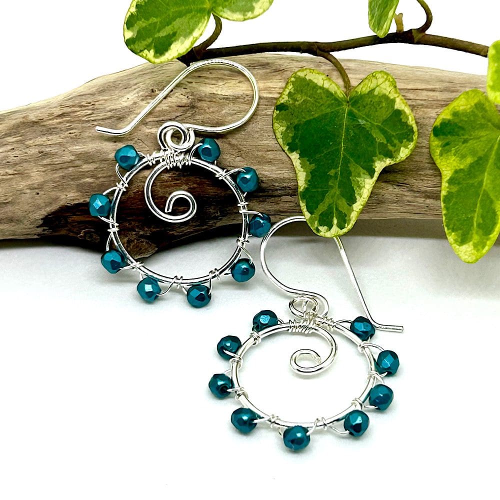Teal Crystal Hoop Earrings Handmade with Crystal Beads and Silver Filled Wire
