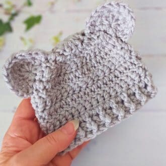 Silver baby teddy beanie hat available to order in a variey of colours in size newborn, 0-3 months and 3-6 months