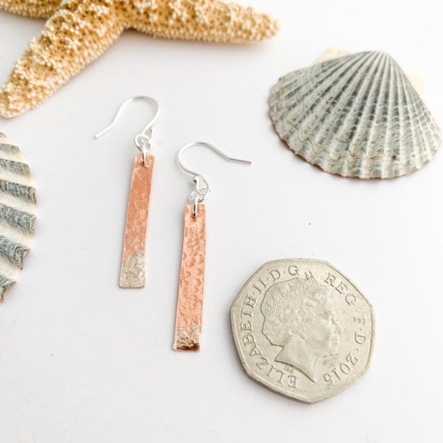 Textured Copper Bar Earrings With Silver