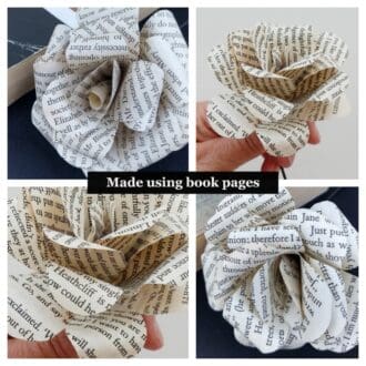 Grid showing four images of paper roses made using book pages