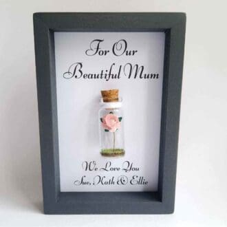 small grey frame with a pink rose inside a glass bottle, personalised mum gift