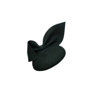 black felt round cocktail hat with large bow trim on white background