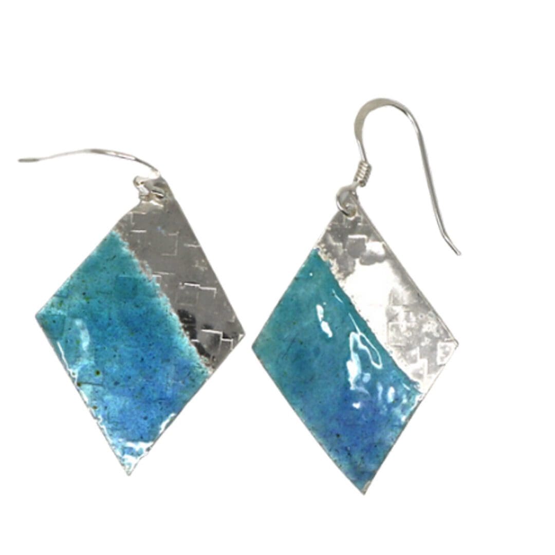 Light blue diamond shape dangling enamelled earrings