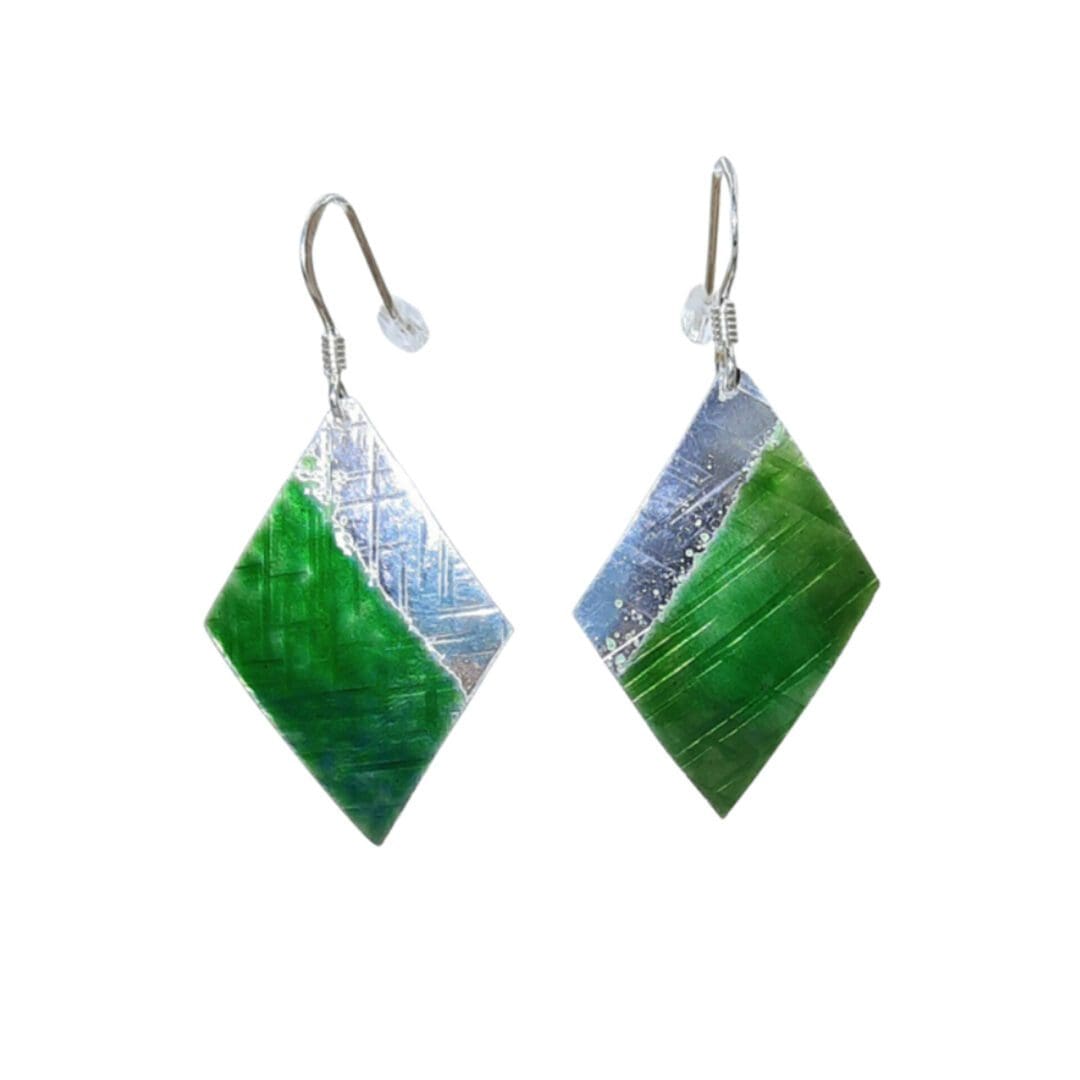 dark green diamond shaped sterling silver dangling earrings, half the shape has been enamelled and the surface textured.
