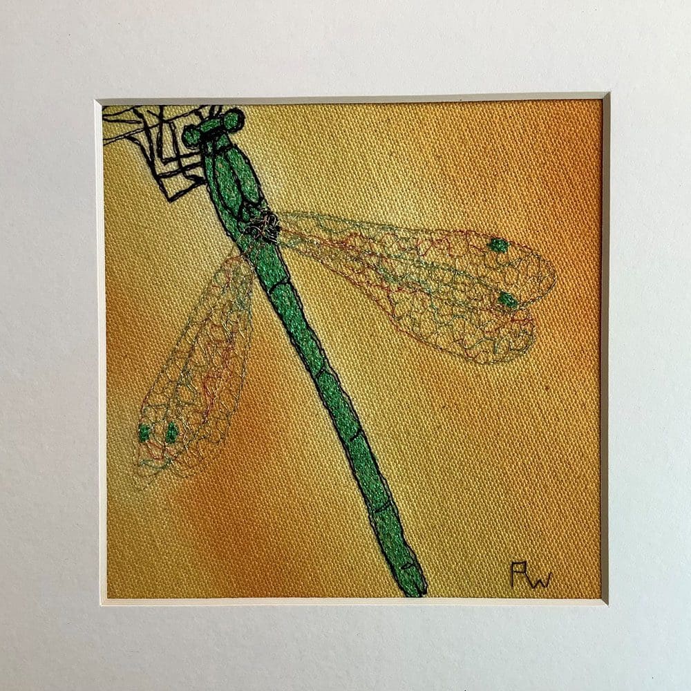 embroidery of a green dragonfly on a yellow background