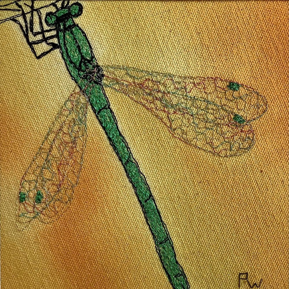 embroidery of a green dragonfly on a yellow background