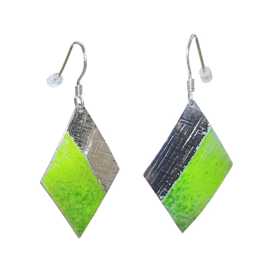 lime green diamond shape dangling sterling silver earrings