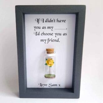 Personalised sister frame with a miniature glass bottle with a yellow rose