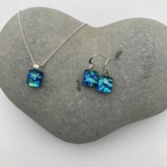 Blue /green ripple effect dichroic glass necklace and earring set