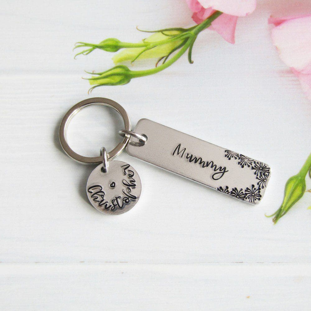 Rectangle aluminium keyring hand stamped with Mummy with personalised name discs.