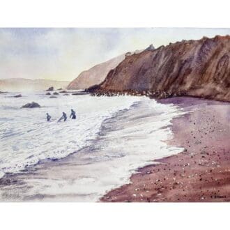 watercolour of summer evening swimmers portwrinkle beach