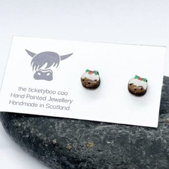 Christmas pudding earrings on a white earring card