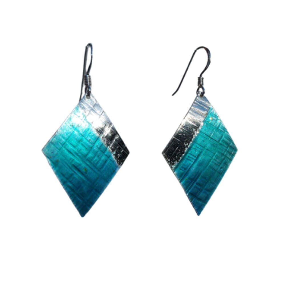 diamond shaped dangling earrings, half enamelled on diagonal made of sterling silver. Turquoise blue