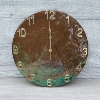 30 resin clock in metallic chocolate brown and emerald green with abstract pattern