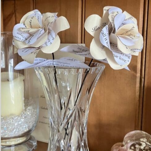 Upcycled wedding stationery paper roses in vase