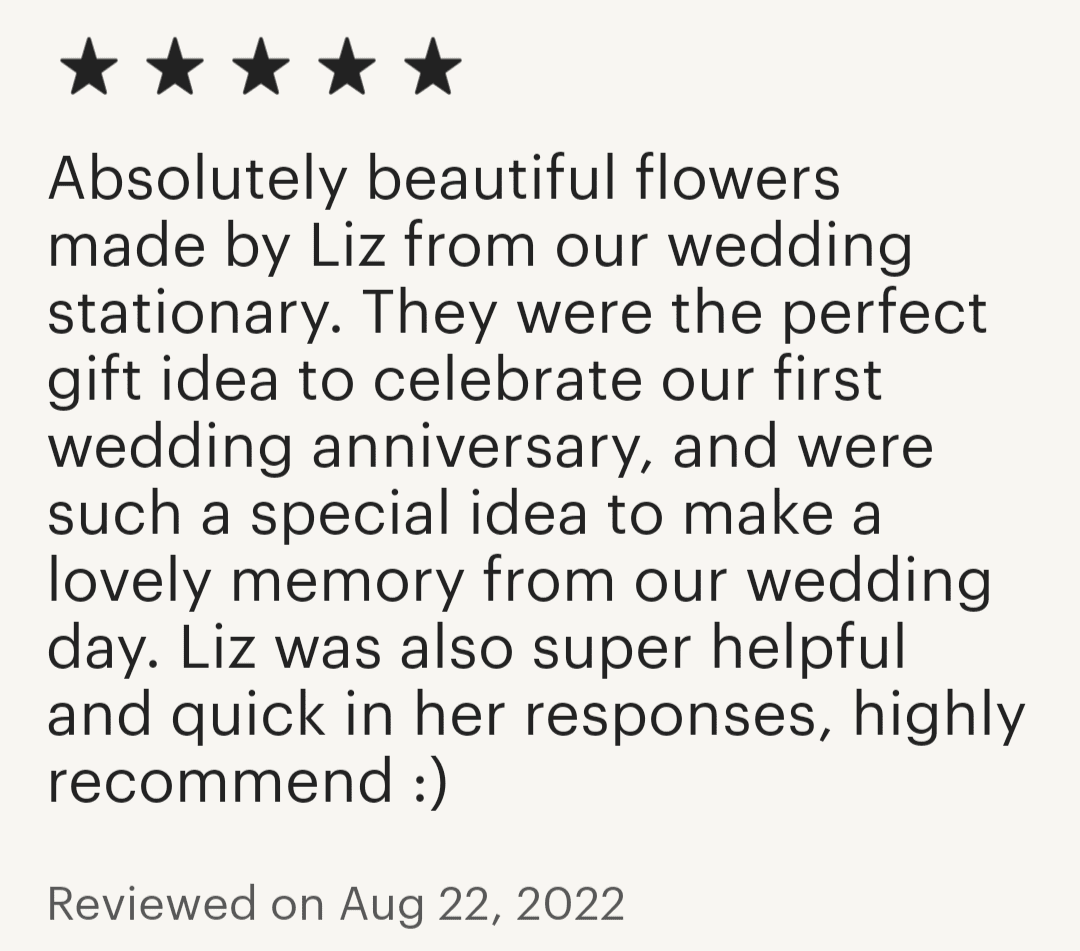 5 star customer review from purchase of upcycled wedding stationery roses