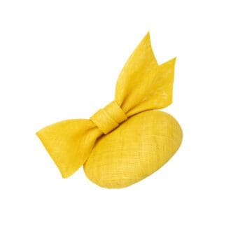 round yellow sinamay button hat with large bow trim