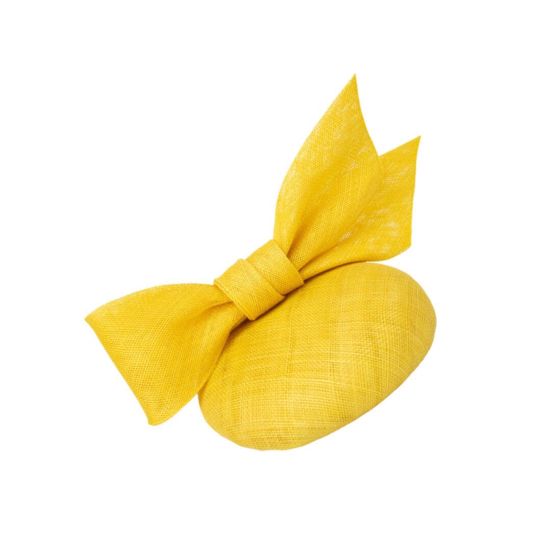 round yellow sinamay button hat with large bow trim