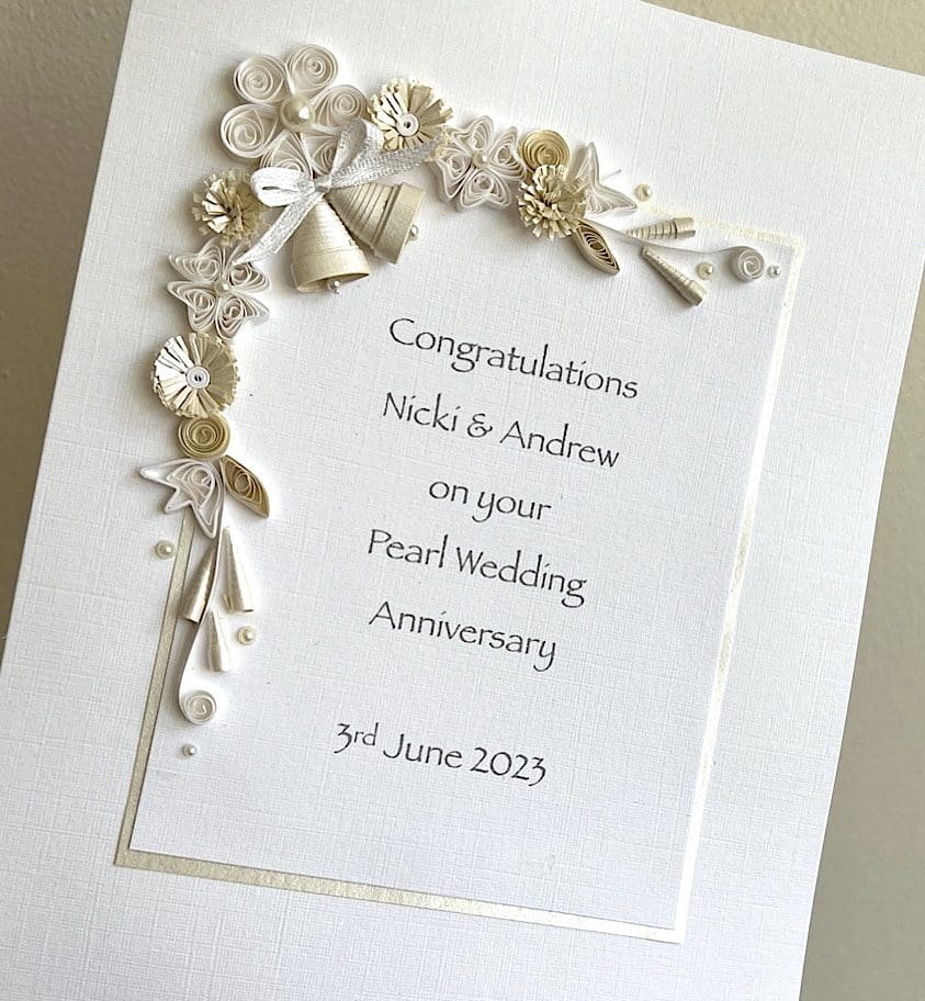 Quilled pearl 30th anniversary card handmade personalised