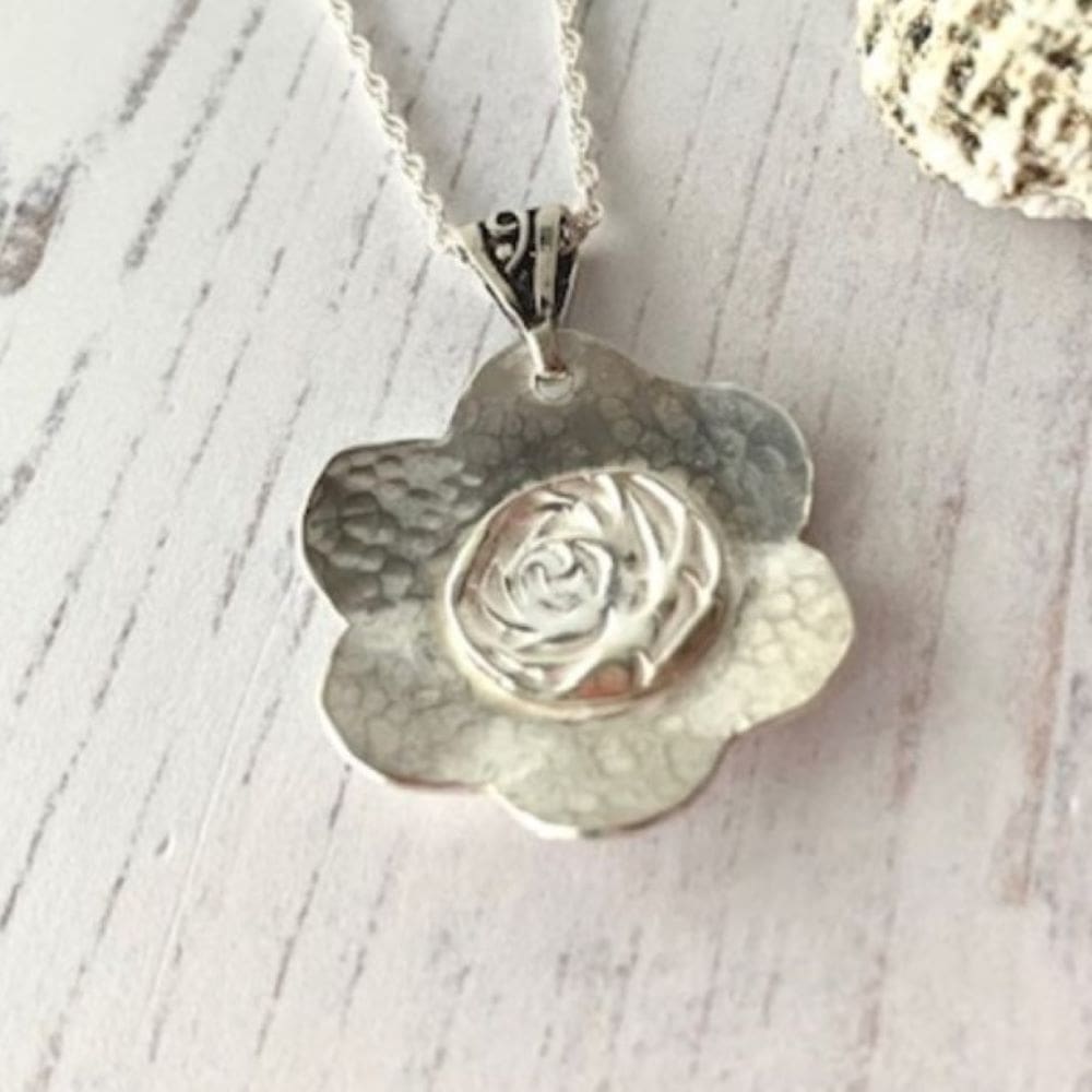 925 Silver Flower Pendant with Silver Rose