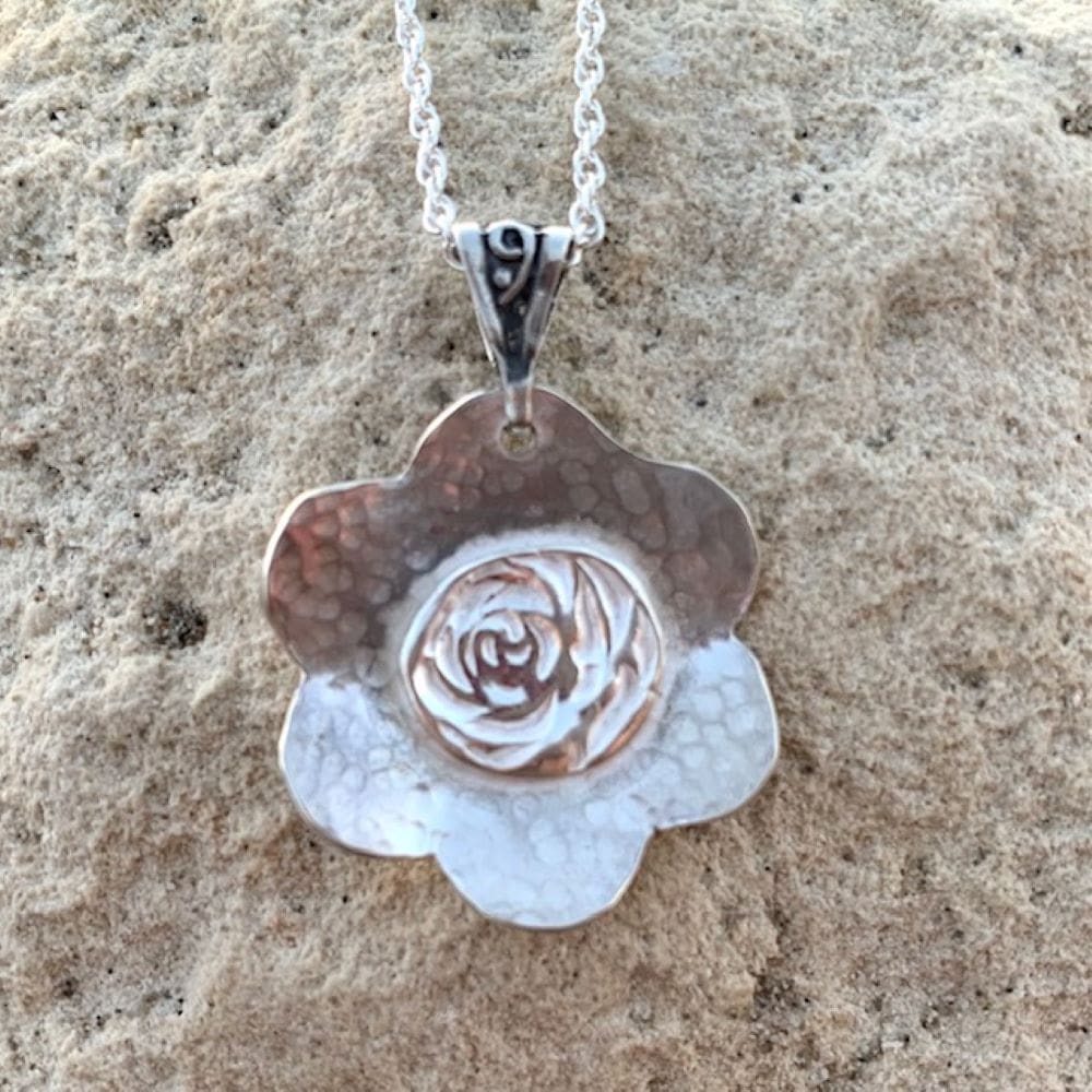 925 Silver Hammered Flower Necklace with Rose