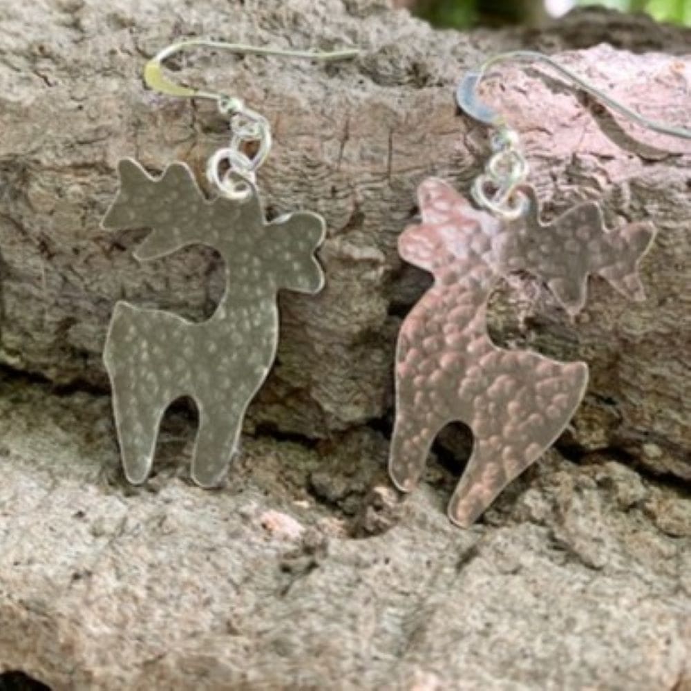 925 Sterling Silver Textured Reindeer Dangle Earrings