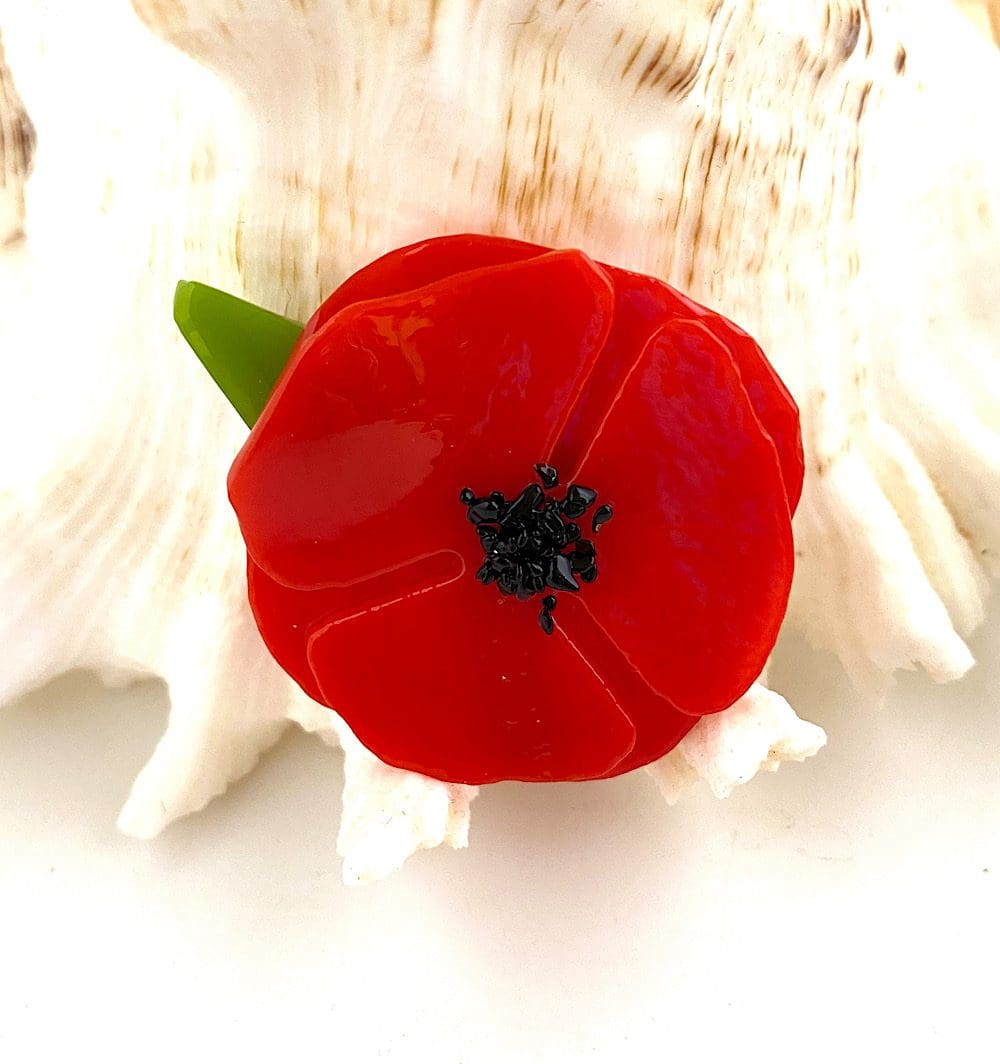 Fused glass poppy brooch