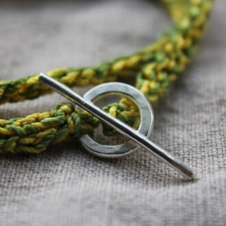 croche-bracelet-with-silver-toggle-and-t bar in bright yellow and avocado