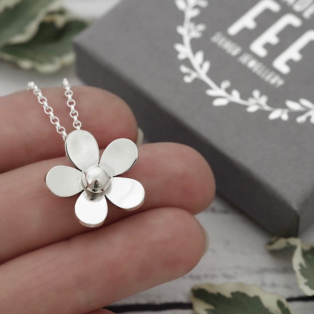 Artisan argentium sterling silver flower pendant necklace