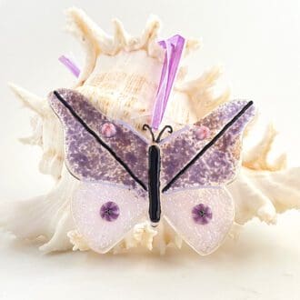 Pink and purple fused glass butterfly suncatcher