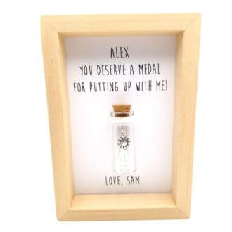 Wooden frame with personalised boyfriend medal