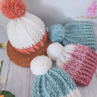 Crochet pom pom bobble beanie hats in sizes newborn up to adult in 4 variations, solid colour, ombre (two-tone), white body and colours rim and pom pom and coloured body and white bobble and rim