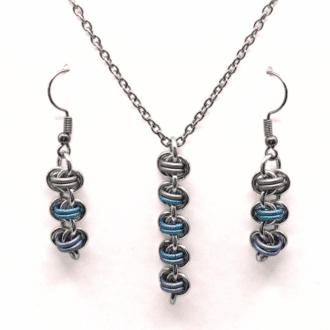 barrel weave chainmaille necklace and earring set made with silver and pastel green, blue and purple rings