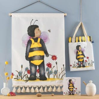 Bumble bee cotton wall hanging with a bee book bag and greeting card