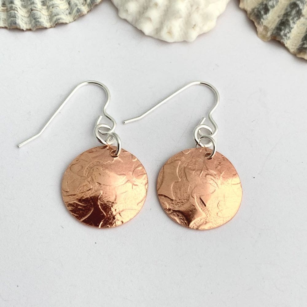 Copper Circle Textured Dangle Earrings