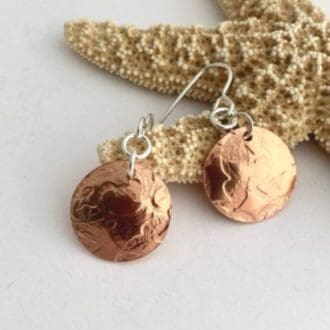 Copper Lace Textured Circle Dangle Earrings