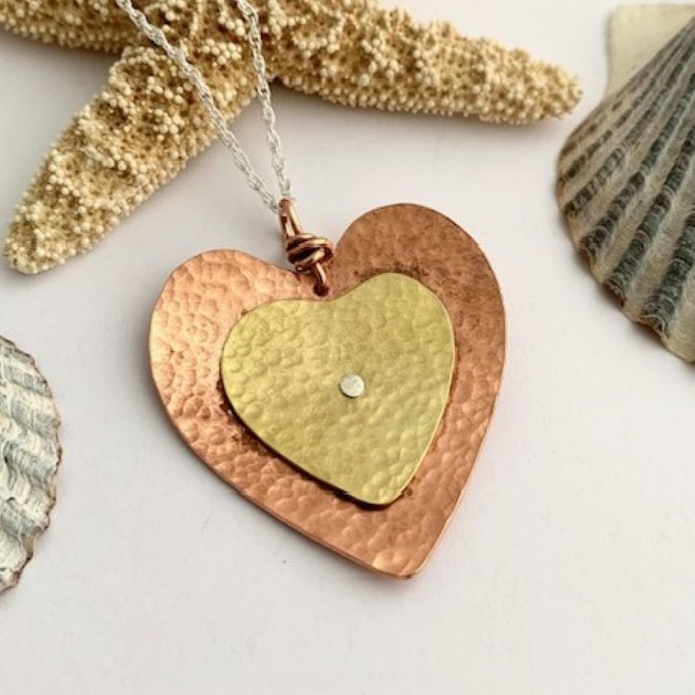 Copper and Brass Textured Heart Necklace