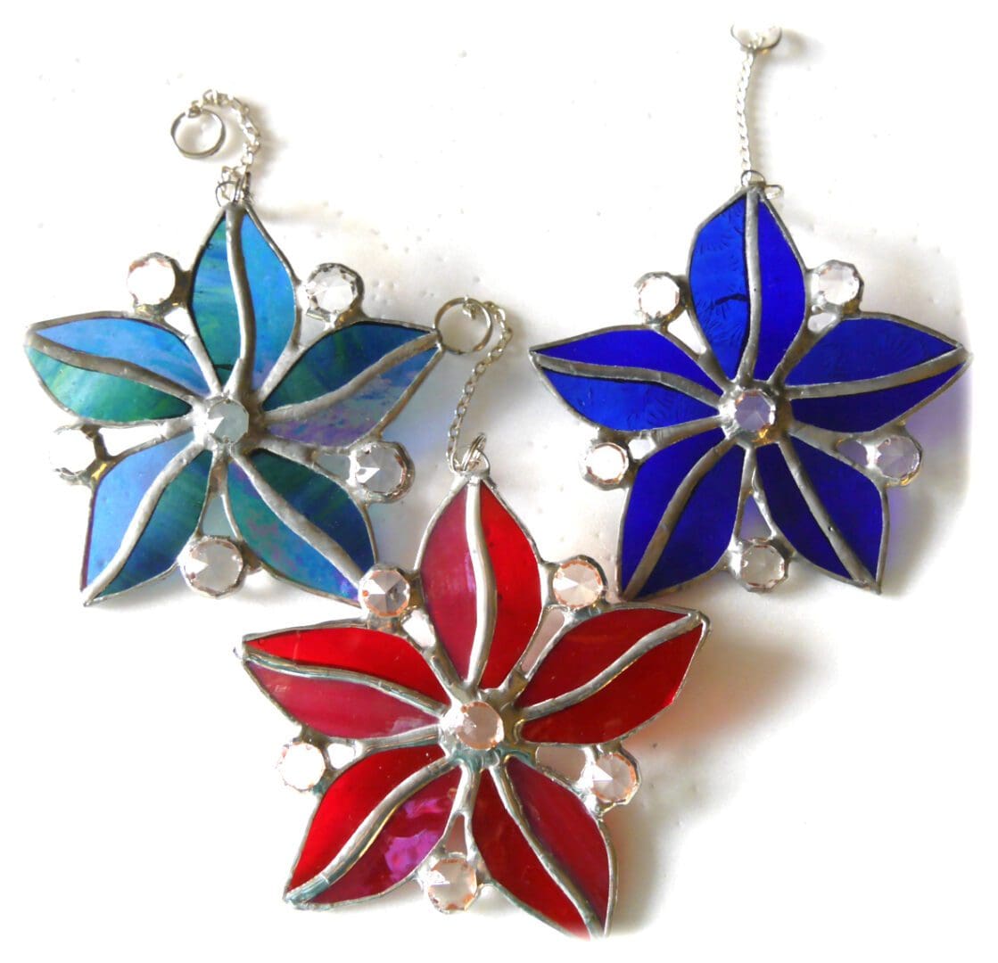 Stained glass suncatcher star flower crystal red blue teal